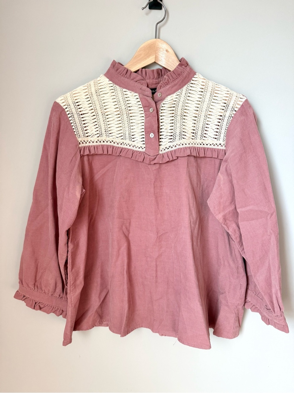 Zara Basic Women's Mauve Crochet Ruffle Yoke Corduroy Boho Western Blouse